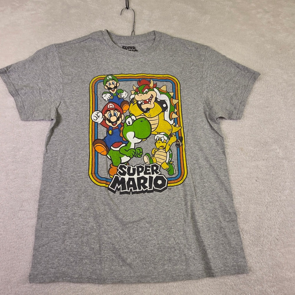 Nintendo Super Mario Bros Graphic Tee Mens Medium Gray Retro Bowser Yoshi Shirt